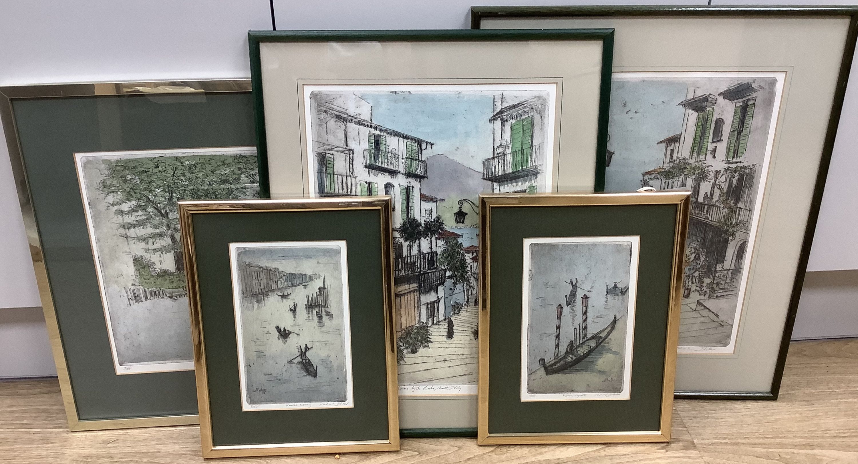 After Michael Blaker (1928-2018), five coloured etchings, including Brighton, Venice and Northern Italy